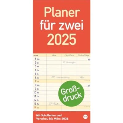 Abbildung von Großdruck Planer für zwei 2025: Praktischer Wandplaner 2 mit extra großer Schrift und 3 Spalten. Wandkalender Schulferien Monats Ausblick. Terminkalender 2025 (Bürokalender Heye)