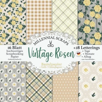 Abbildung von VINTAGE ROSEN Bastelpapier Gelb / Champagner: Scrapbooking Decoupage Papier &amp; Junk Journal Zubehör I Zum Ausschneiden Mit Letterings Karten Basteln DIY Geschenk Tagebuch Deko
