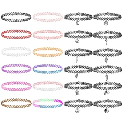 Abbildung von LZYMSZ 24PCS Choker Halskette Set, dehnbare elastische Mädchen Chokers bunte Anhänger Set für Frauen Kinder Teenager weiblich