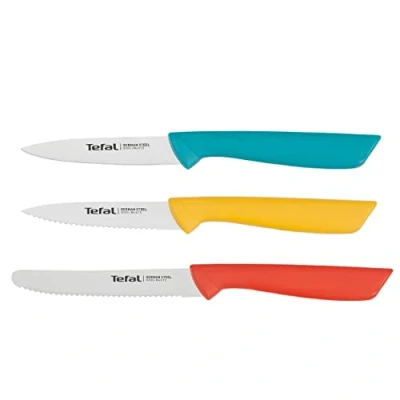 Abbildung von Tefal K273S3 Colorfood Messerset 3 teilig Universalmesser (10 cm)/Schälmesser (8 cm) gezahnt, Schälmesser glatt deutscher Edelstahl korrosionsbeständig ergonomisch sicher Farbig