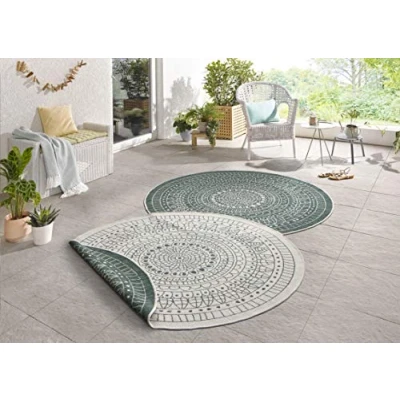 Abbildung von Northrugs Porto in und Outdoor Teppich Rund Runder Wendeteppich Wasserfest Mandala Design Flachgewebe Wetterfest für Balkon, Terrasse, Garten, Wohnzimmer Grün Creme, ⌀240cm