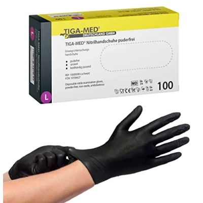 Abbildung von Tiga Med Nitrilhandschuhe puderfrei schwarz Black 100 Stück Größe Large ohne Latex Einmalhandschuhe Nitril Einweg Handschuhe