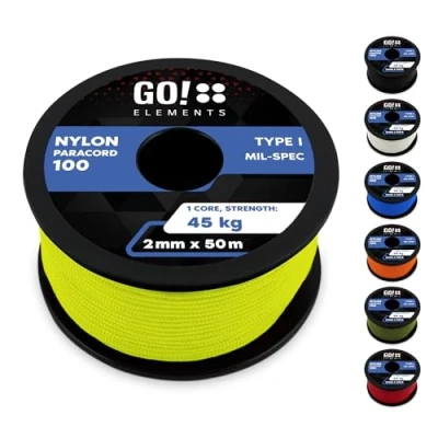 Abbildung von GO!elements 50m Paracord 2mm Seil aus reißfester Nylonschnur 100 Typ I Survival Schnur Reißfest bis 45kg geeignet als Allzweckseil, Reepschnur, Kordel, Maurerschnur, Farbe: Neon