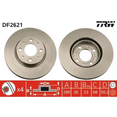 Abbildung von TRW DF2621 Bremsscheibe 280 26 4 108 Belüftet lackiert VOLVO: 850 Saloon, Estate