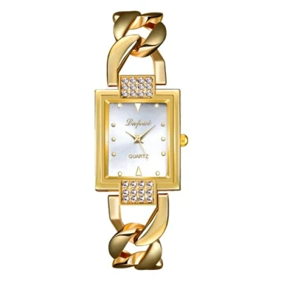 Abbildung von JewelryWe Damenuhr Glitzer Rechteckig Uhr: Damen Elegant Strass Analog Quarz Armbanduhr Frauen Gold Panzerkette Metallarmband Lässige Uhren mit Eckigem Zifferblatt