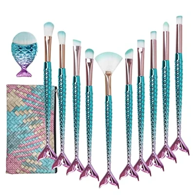 Abbildung von Meerjungfrau Makeup Pinsel Set, NIZIYI Make Up Pinselset Kosmetikpinsel weiche Nylonborsten Foundation Puder Creme Augenbrauen Eyeliner Blush mit Tasche(11 Stück)