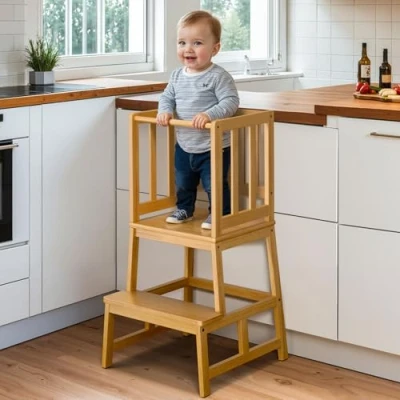 Abbildung von COSYLAND Lernturm ab 1 Jahr Stylisch Learning Tower Massiv Montessori Kinder Patented Design Kitchen Helper Anti Tip Lernstuhl Turm Bambusfarbe