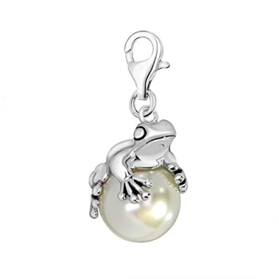 Abbildung von Quiges Charm Anhänger Kunstlichen Perle 3D Frosch 925 Silber mit Karabinerverschluss für Bettelarmband