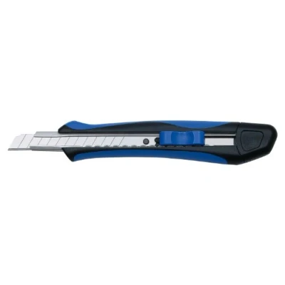 Abbildung von Wedo 78909 Cutter Softgrip 9 mm, gummierte Griffschale mit Rutschbremse, Rasterautomatik, Metallkern, inkl. 2 Ersatzklingen, blau