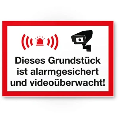 Abbildung von Komma Security Grundstück Alarmgesichert Videoüberwacht Schild Achtung Vorsicht Videoüberwachung Hinweis Hinweisschild Warnhinweis