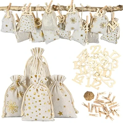 Abbildung von Papierdrachen 24 Adventskalender Stoffsäckchen zum Befüllen mit XXL Holzzahlen von 1 Geschenksäckchen Gold bedruckt