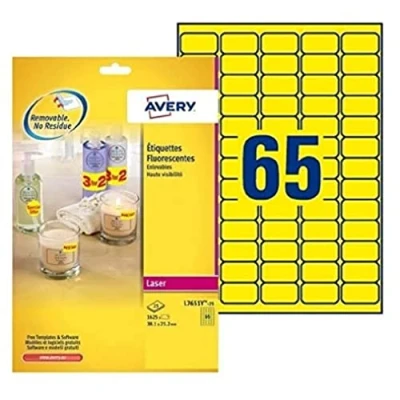 Abbildung von Avery L7651Y 25 Mini Neon Etiketten (für Laserdrucker, 65 pro Blatt, 38,1 x 21,2 mm) 1652 neongelb