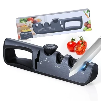 Abbildung von Alyvisun Messerschärfer, Professionelles Handbuch 4 in 1 Messer Schärfen Ergonomischer Griff und Rutschfeste Basis, Zum von Küchenmessern, Schere usw(Schwarz)