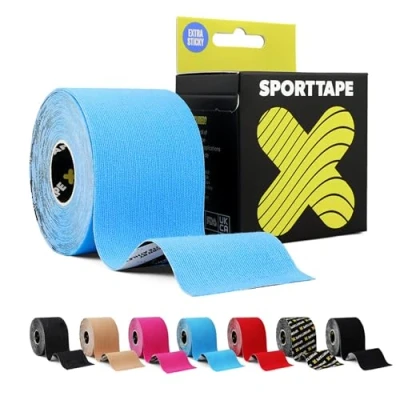 Abbildung von SPORTTAPE Extra Klebriges Kinesiologie Tape, 5 cm x m Blau Hypoallergenes, Wasserfestes Sports Tape Physio Medizinisches Sport bei Muskelverletzungen, Unterstützung Ungeschnitten