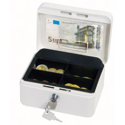 Abbildung von Wedo 145100H Geldkassette (aus pulverbeschichtetem Stahl, versenkbarer Griff, Geldnoten und Belegeklammer, 4 Fächer Münzeinsatz, Sicherheits Zylinderschloss, 15,2 x 11,5 8,0 cm) weiß