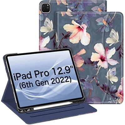 Abbildung von Fintie Hülle für iPad Pro 12.9 Zoll 2022 (6. Generation) / 2021/2020/2018 mit Stifthalter, Multi Winkel Betrachtung Folio Stand Schutzhülle Dokumentschlitze, Hibiskus