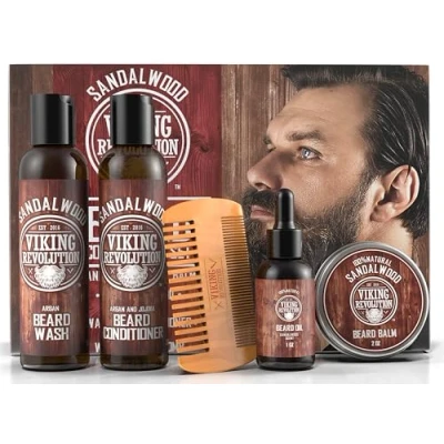 Abbildung von Viking Revolution Bartpflege Set Für Männer Conditioner Glättet &amp; Lindert Juckreiz am Bart Enthält Bartshampoo, Spülung, Bartöl, Balsam Bartkamm Geschenke Sandelholz
