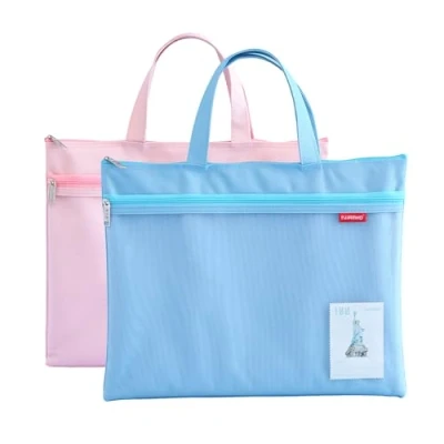 Abbildung von A4 Dokumententasche Zip Beutel, 2 Stück Tragetasche Nylon Mesh Beutel Wasserdichte Doppel Reißverschluss Klein Etiketten Schüler Büro Liefert Reisetasche (Blau Rosa)