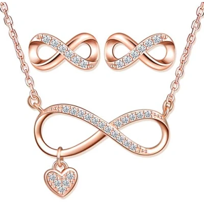 Abbildung von Yumilok Damen Ketten Halskette Ohrstecker mit Anhänger Infinity Unendlichkeit Symbol Herz in 925 Sterling Silber Roségold Schmuck Sets für Frauen Mädchen