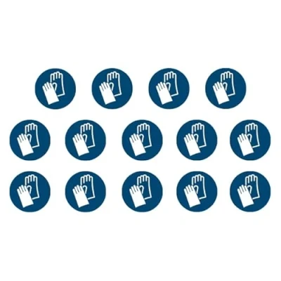 Abbildung von 14 Aufkleber Handschuhe benutzen M009 ø 9,5cm UV und witterungsbeständig ISO 7010 nachhaltig Gebotszeichen Schild (9,5 cm, Handschuhe)