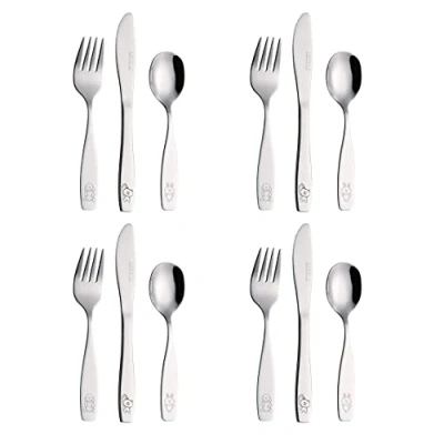 Abbildung von Exzact Kinderbesteck Edelstahl 12 teiliges Set 4 x Gabeln, Messer, Löffel (Hund Katze Bunny)