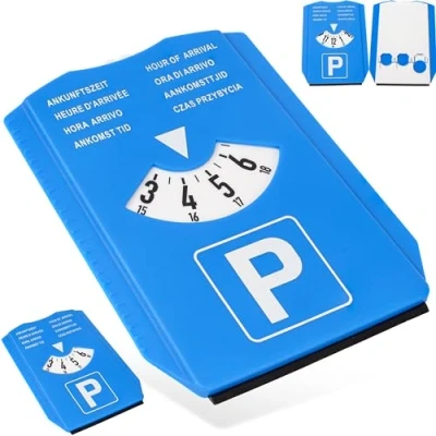 Abbildung von Parkscheibe mit Eiskratzer, 2 Stück, in Blau, acht Sprachen, Parkuhr inkl. 3 x Einkaufswagenchip, für Auto, LKW, Wohnmobil, Parking Disc Blue, Parkscheiben, Parkkarte, Park Scheibe Ankunftszeit