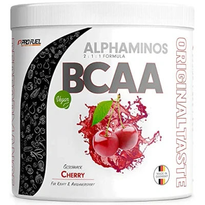 Abbildung von BCAA Pulver 300g Kirsche, TESTSIEGER Alphaminos 2:1:1 Drink, unfassbar leckerer Geschmack, Essentielle Aminosäuren Leucin, Isoleucin &amp; Valin, 100% vegan Top Löslichkeit Laborgeprüft