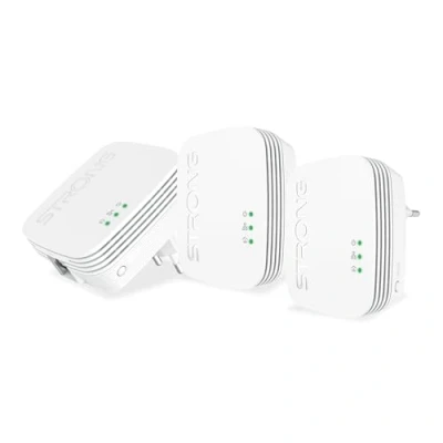Abbildung von STRONG Powerline 600 Triple Set Mini 3 Adapter Mbps Highspeed Internetzugang 300 m Reichweite Für alle Boxen/Router LAN Anschluss Plug &amp; Play Installation weiß
