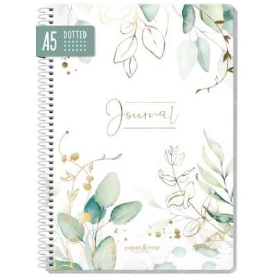 Abbildung von paper&amp;you® Bullet Journal dotted A5 mit Spiralbindung &quot;Blattgold&quot; 160 Seiten, Notizbuch gepunktet Spirale, College Block, Spiral Notizblock nachhaltig &amp; klimafreundlich