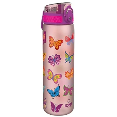 Abbildung von Ion8 Trinkflasche, 500 ml, Auslaufsicher, Einhandöffnung, Sichere Verriegelung, Spülmaschinenfest, BPA frei, Tragegriff, Klappdeckel, Leicht zu Reinigen, Klimaneutral, Schmetterling Design