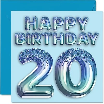 Abbildung von Geburtstagskarte zum 20. Geburtstag für Männer Blauer Glitzer Partyballon Happy Birthday Karten 20 Jahre alten Mann, Bruder, Sohn, Neffe, Onkel, 145 mm x