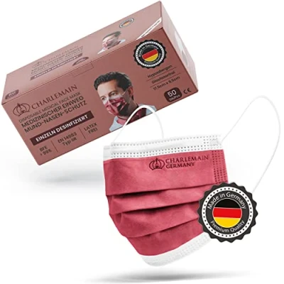 Abbildung von Charlemain 50x OP Masken, Made in Germany, EN 14683 Typ IIR, Medizinischer Mund Nasen Schutz, BFE &gt;99,9% 3 lagig, Latexfrei, MNS, Einweg Gesichtsmasken Bordeaux Rot