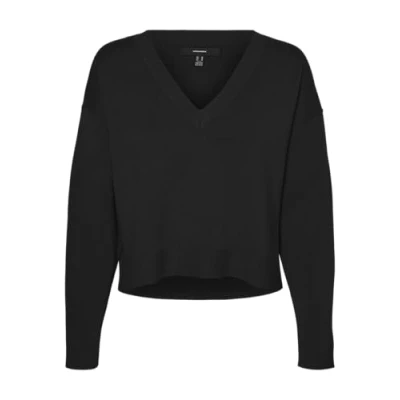 Abbildung von VERO MODA Damen Vmgold Link Ls V Neck Cropped Pullover Strickpullover, Black, S