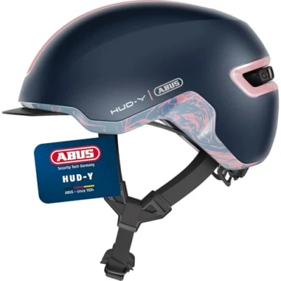 Abbildung von ABUS Urban Helm HUD Y mit magnetischem, aufladbarem LED Rücklicht &amp; Magnetverschluss cooler Fahrradhelm für den Alltag Damen und Herren Blau/Pink Matt, Größe L