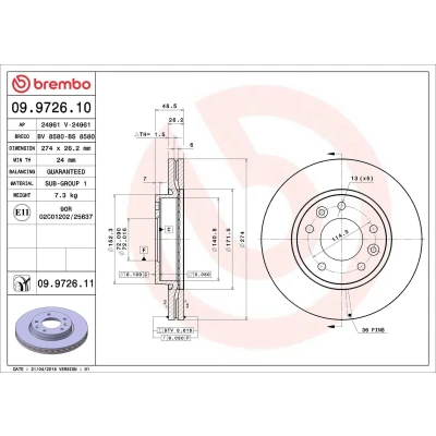 Abbildung von BREMBO COATED DISC LINE 09.9726.11 Bremsscheibe 274 26,2 5 innenbelüftet beschichtet KIA: CARNIVAL 2