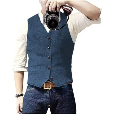Abbildung von Solovedress Herren Casual Wolle Fischgrätmuster Anzug Weste V Ausschnitt Tweed für Hochzeit Groomsmen(Blau,XL)