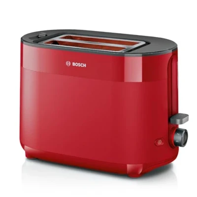 Abbildung von Bosch Kompakt Toaster MyMoment TAT2M124, integrierter Brötchenaufsatz, mit Auftaufunktion, Abschaltautomatik, Liftfunktion, Brotzentrierung, perfekt für 2 Scheiben, 800 Watt, Rot matt