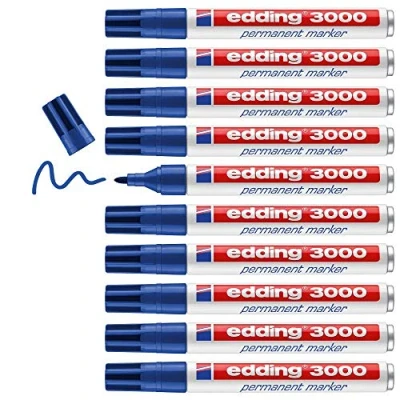 Abbildung von edding 3000 Permanentmarker blau 10 Stifte Rund Spitze 1,5 3 mm schnell trocknender Permanent Marker wasserfest, wischfest für Karton, Kunststoff, Holz, Metall Universalmarker