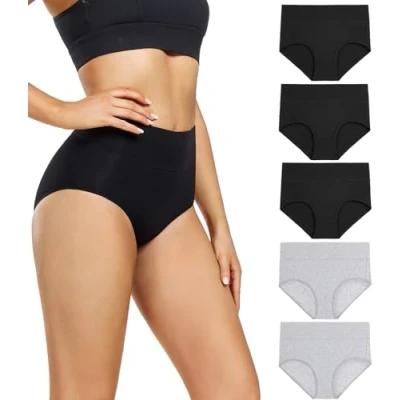 Abbildung von wirarpa Damen Unterhosen Baumwolle Slips Hoher Taille Atmungsaktive Taillenslip Wochenbett Unterwäsche Mehrpack Größen 32 58, 3schwarz, 2grau 5er Pack, Medium (38/40)