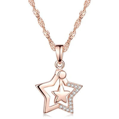 Abbildung von Yumilok Roségold 925 Sterling Silber Zirkonia Doppel Sterne Pentagramme Anhänger Halskette Kette mit für Damen Mädchen