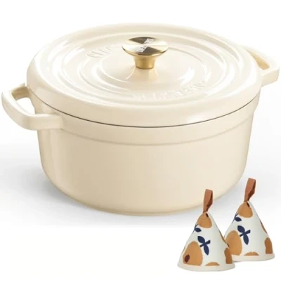Abbildung von Overmont Bräter Emailliert Gusseisen Topf Dutch Oven 26cm backofengeeignet mit Deckel und Kochbuch für Braten Küche Backen Schmoren Weiß