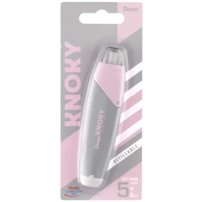Abbildung von Pentel XZTT805N WY Knoky Korrekturband mit Druckmechanik, ergonomische Form, nachfüllbar, Länge 6m, Breite 5mm, Gehäusefarbe grau, 1VE=12 Blisterkarten