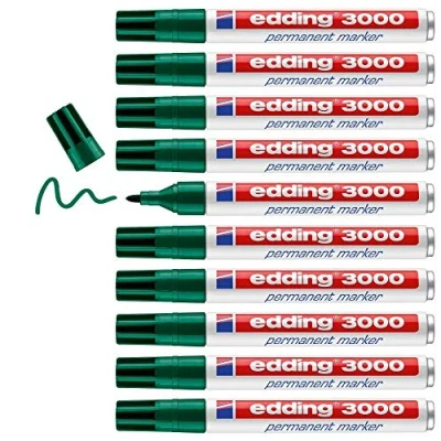 Abbildung von edding 3000 Permanentmarker grün 10 Stifte Rund Spitze 1,5 3 mm schnell trocknender Permanent Marker wasserfest, wischfest für Karton, Kunststoff, Holz, Metall Universalmarker