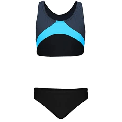 Abbildung von Aquarti Mädchen Sport Bikini Racerback Bustier &amp; Bikinislip, Farbe: Schwarz/Graphit/Blau, Größe: 146