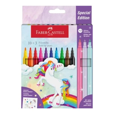Abbildung von Faber Castell 554213 Filzstifte Set Einhorn, 13 Fasermaler in Standard und Pastellfarben, inkl. Einhorn Sticker