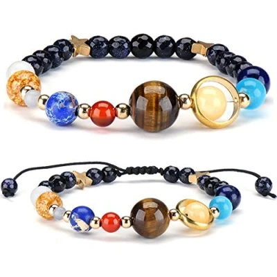 Abbildung von Senlinmu 2 X Galaxy Sonnensystem Armband Universum Neun Planeten Stern Naturstein Perlen Armbänder Armreifen Justierbare