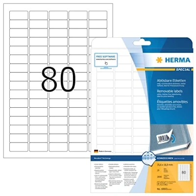 Abbildung von HERMA 10003 Universal Etiketten ablösbar, 25 Blatt, 35,6 x 16,9 mm, 80 pro A4 Bogen, 2000 Stück, selbstklebend, bedruckbar, matt, blanko Papier Klebeetiketten Aufkleber, weiß