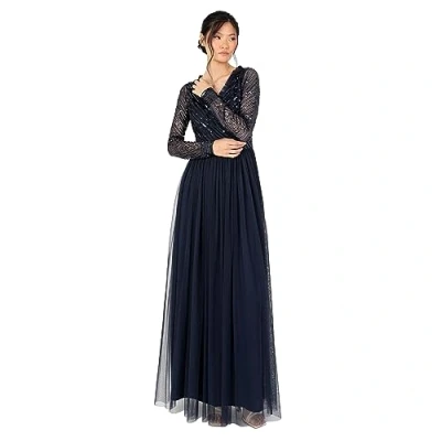 Abbildung von Women&#039;s Maxi Dress Ladies Embellished Wrap Tulle Frilly V Neck Long Sleeve for Wedding Guest Bridesmaid Prom Ball Gown, Navy, 36