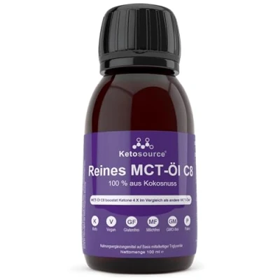 Abbildung von Reines MCT Öl C8 Reisegröße Produziert 4X Ketone im Vergleich als Andere Öle Höchste Reinheit von über 99% 100% aus Kokosnuss Unterstützt Keto &amp; Fasten Vegan 100 ml Ketosource®