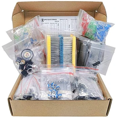 Abbildung von Mega Elektronische Bauteile Elektrotechnik Sortiment Kit, Kondensator, Elkos, Widerstände, LED 3mm 5mm, Transistor, Dioden, Germanium, LM358 Opamp, PCB, Lautsprecher, Potentiometer, 1900 Stück